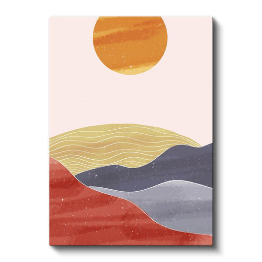 Turuncu Güneş Manzarası - Renkli Tepeler Minimalist Kanvas Tablo