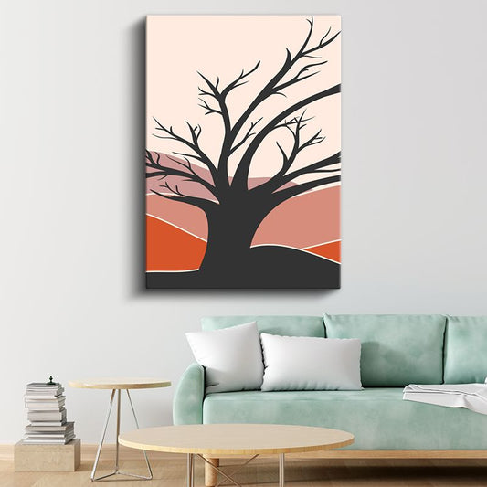 Yalnız Ağaç Silüeti - Sonbahar Renkleriyle Soyut Manzara Kanvas Tablo