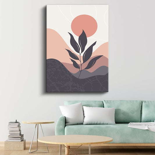 Yaprak Silüeti - Pembe Güneşle Soyut Doğa Kompozisyonu Kanvas Tablo