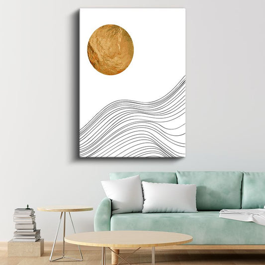 Altın Daire Dalgaları - Minimalist Çizgisel Akış Kanvas Tablo