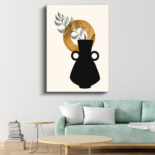 Zen Vazosu - Altın Daire ve Yaprak Detaylı Kanvas Tablo