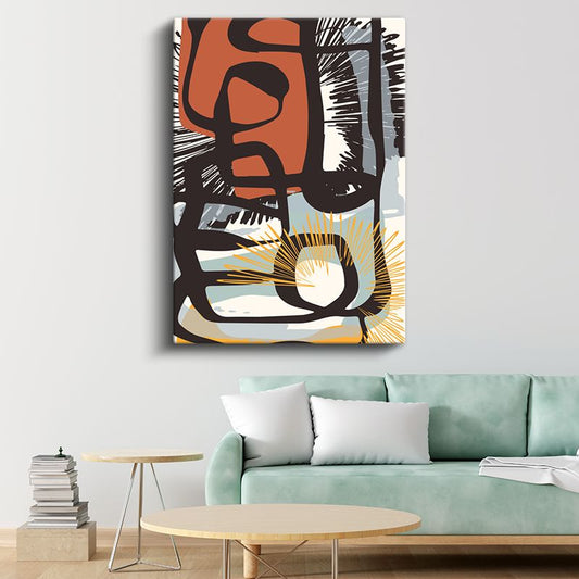 Soyut Formlar - Turuncu ve Siyah Çizgilerle Modern Kompozisyon Kanvas Tablo