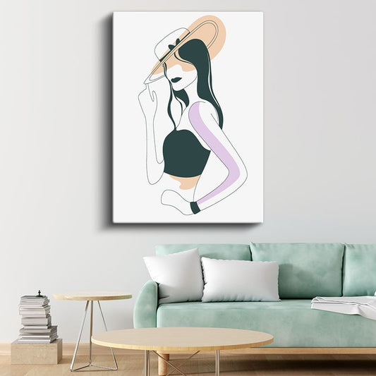Şapkalı Silüet - Lila Bej Tonlarında Minimalist Çizgi Portre Kanvas Tablo