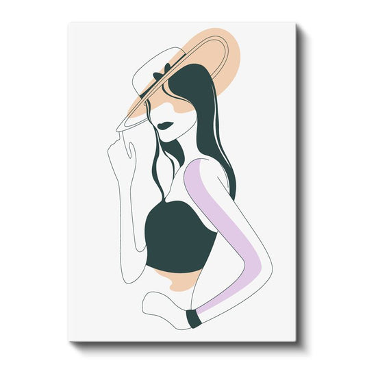 Şapkalı Silüet - Lila Bej Tonlarında Minimalist Çizgi Portre Kanvas Tablo