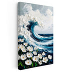 Dikey Kanvas Tablo Çiçekli Deniz Dalgası Kabartma Görünümlü Tablo Ev Ofis Duvar Dekoru