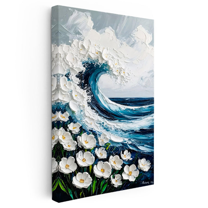 Dikey Kanvas Tablo Çiçekli Deniz Dalgası Kabartma Görünümlü Tablo Ev Ofis Duvar Dekoru