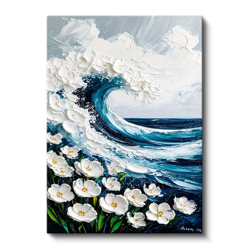 Dikey Kanvas Tablo Çiçekli Deniz Dalgası Kabartma Görünümlü Tablo Ev Ofis Duvar Dekoru