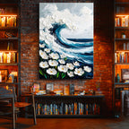 Dikey Kanvas Tablo Çiçekli Deniz Dalgası Kabartma Görünümlü Tablo Ev Ofis Duvar Dekoru