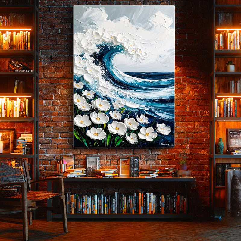 Dikey Kanvas Tablo Çiçekli Deniz Dalgası Kabartma Görünümlü Tablo Ev Ofis Duvar Dekoru