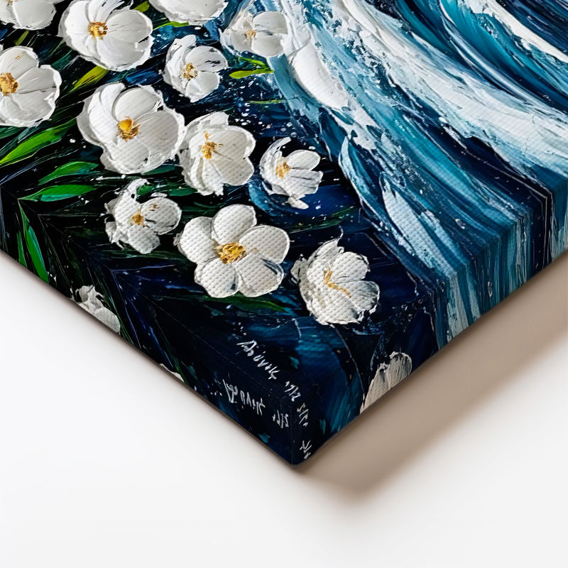 Dikey Kanvas Tablo Çiçekli Deniz Dalgası Kabartma Görünümlü Tablo Ev Ofis Duvar Dekoru