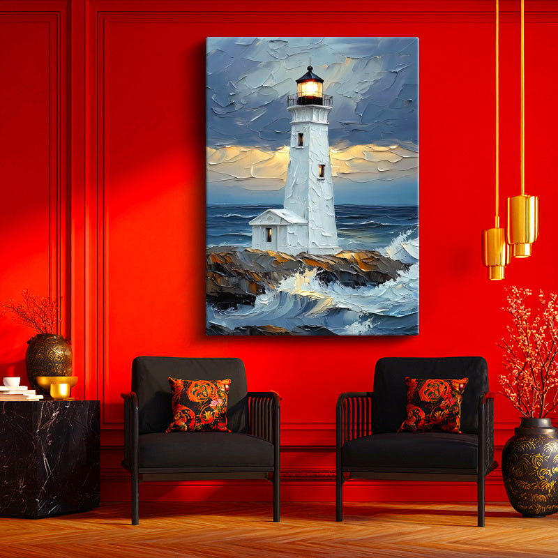Dikey Kanvas Tablo Dalgalı Deniz Feneri Kabartma Görünümlü Tablo Ev Ofis Duvar Dekoru