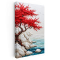 Dikey Kanvas Tablo Kırmızı Çiçekli Sahil Ağacı Kabartma Görünümlü Tablo Ev Ofis Duvar Dekoru