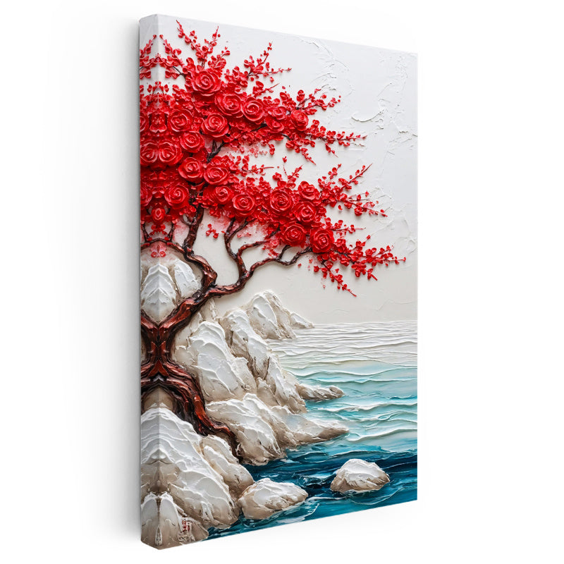 Dikey Kanvas Tablo Kırmızı Çiçekli Sahil Ağacı Kabartma Görünümlü Tablo Ev Ofis Duvar Dekoru