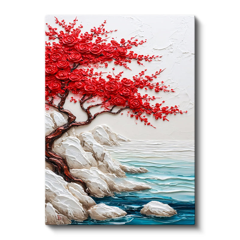Dikey Kanvas Tablo Kırmızı Çiçekli Sahil Ağacı Kabartma Görünümlü Tablo Ev Ofis Duvar Dekoru