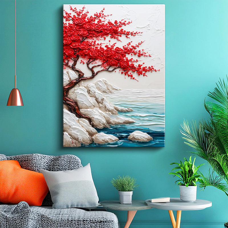 Dikey Kanvas Tablo Kırmızı Çiçekli Sahil Ağacı Kabartma Görünümlü Tablo Ev Ofis Duvar Dekoru