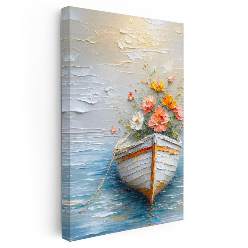Dikey Kanvas Tablo Çiçek Dolu Tekne Kabartma Görünümlü Tablo Ev Ofis Duvar Dekoru