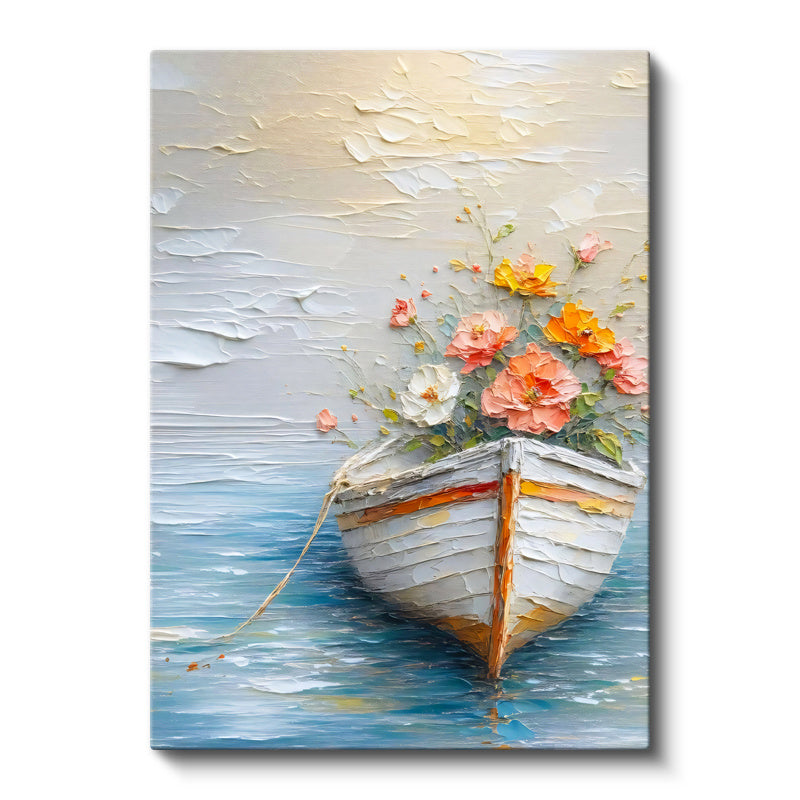 Dikey Kanvas Tablo Çiçek Dolu Tekne Kabartma Görünümlü Tablo Ev Ofis Duvar Dekoru