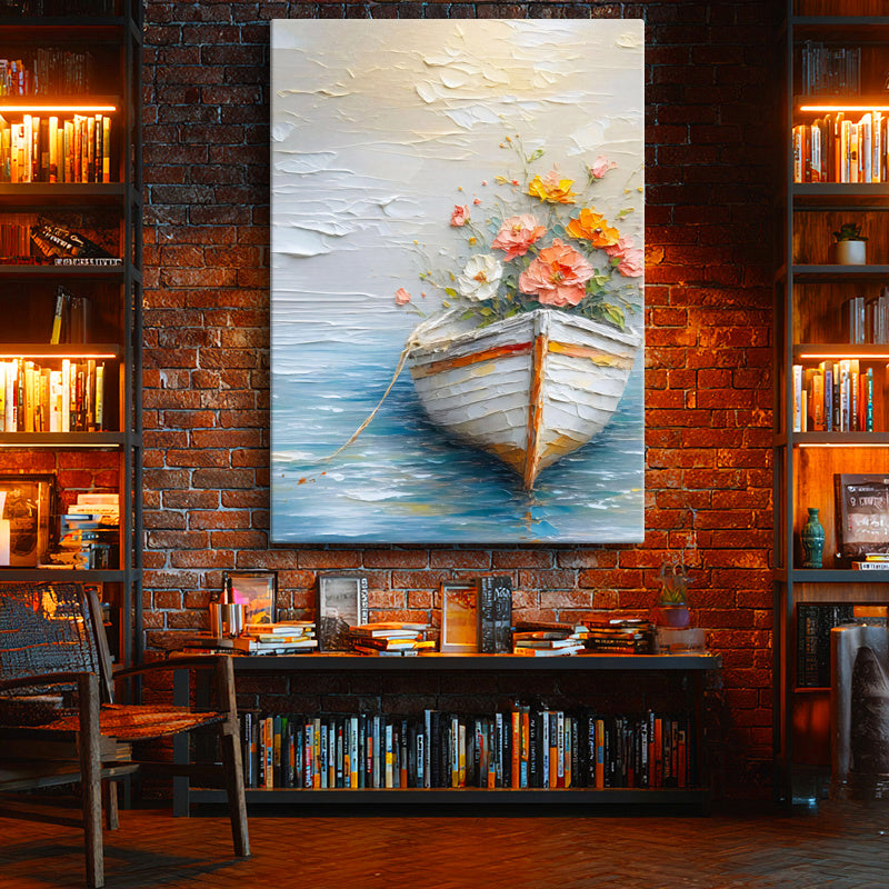 Dikey Kanvas Tablo Çiçek Dolu Tekne Kabartma Görünümlü Tablo Ev Ofis Duvar Dekoru