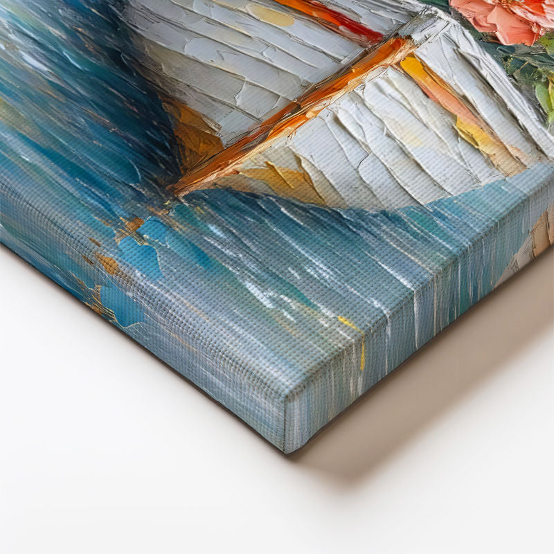 Dikey Kanvas Tablo Çiçek Dolu Tekne Kabartma Görünümlü Tablo Ev Ofis Duvar Dekoru