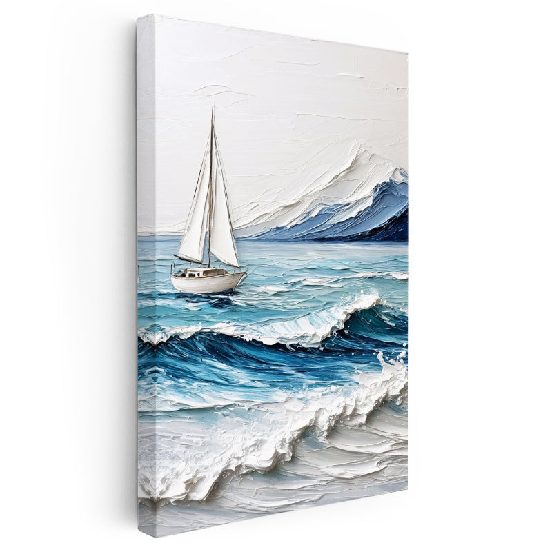 Dikey Kanvas Tablo Dalgalı Deniz Yelkenli Kabartma Görünümlü Tablo Ev Ofis Duvar Dekoru