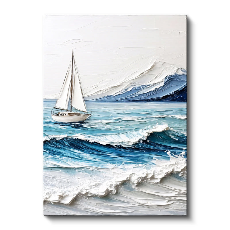 Dikey Kanvas Tablo Dalgalı Deniz Yelkenli Kabartma Görünümlü Tablo Ev Ofis Duvar Dekoru