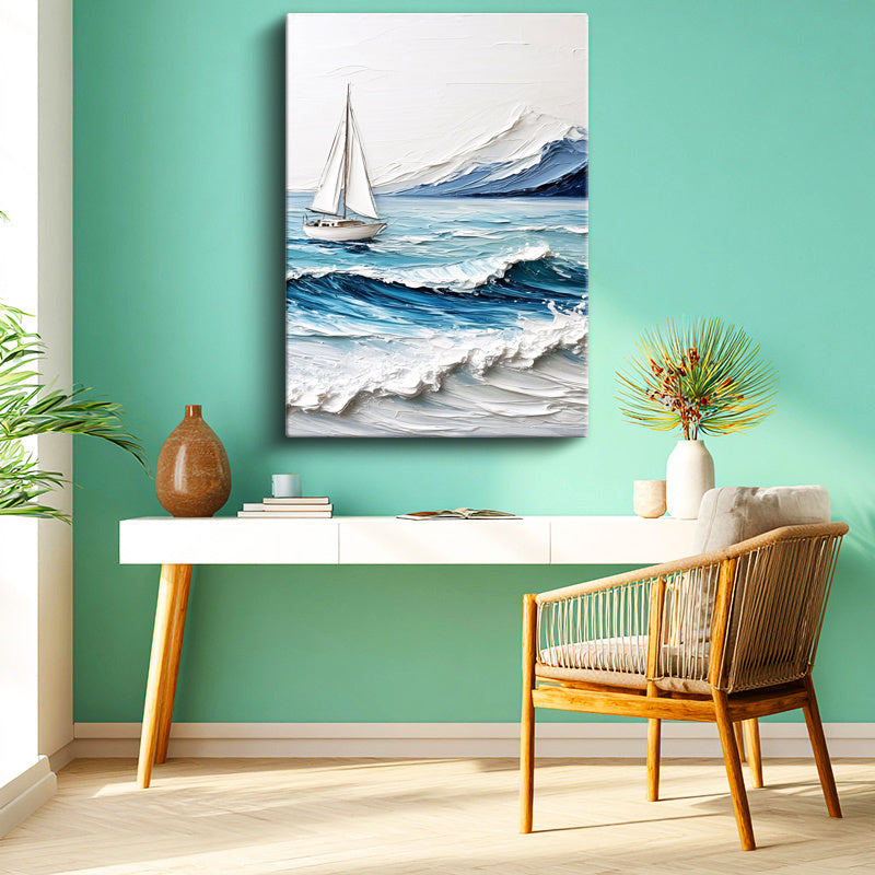 Dikey Kanvas Tablo Dalgalı Deniz Yelkenli Kabartma Görünümlü Tablo Ev Ofis Duvar Dekoru