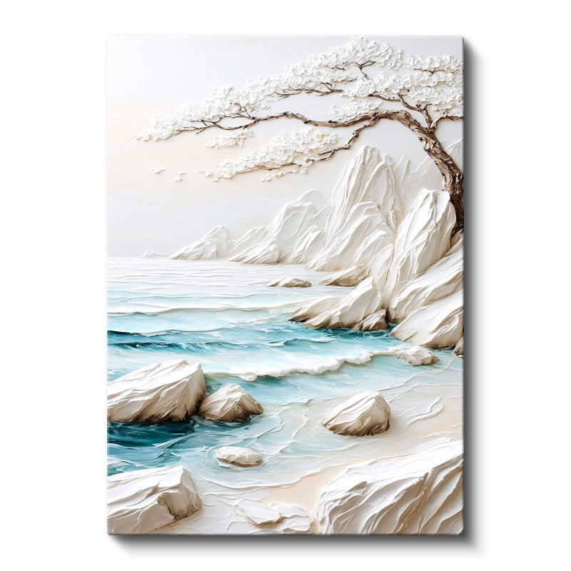 Dikey Kanvas Tablo Beyaz Ağaç ve Kayalıklar Kabartma Görünümlü Tablo Ev Ofis Duvar Dekoru