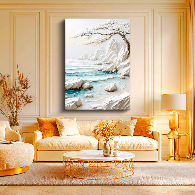 Dikey Kanvas Tablo Beyaz Ağaç ve Kayalıklar Kabartma Görünümlü Tablo Ev Ofis Duvar Dekoru