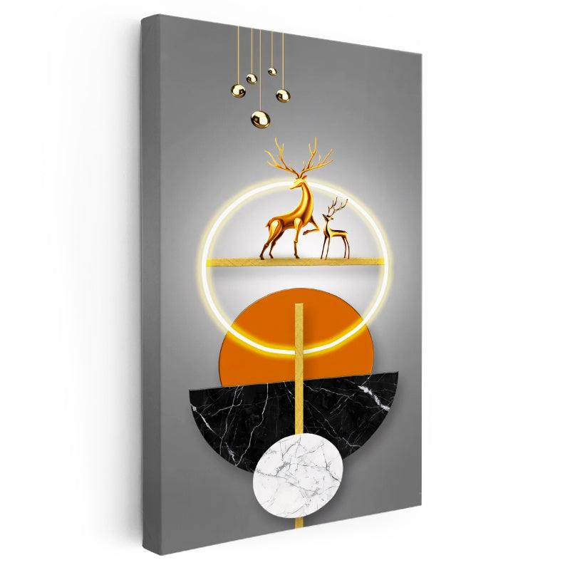 Dikey Kanvas Tablo Altın Geyik ve Geometri Modern Sanat Tablosu Ev Ofis Duvar Dekoru