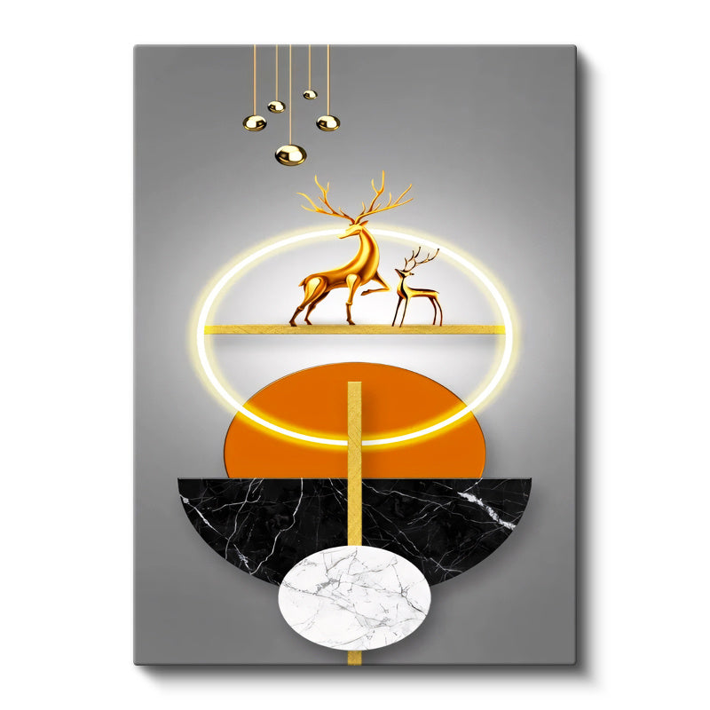 Dikey Kanvas Tablo Altın Geyik ve Geometri Modern Sanat Tablosu Ev Ofis Duvar Dekoru