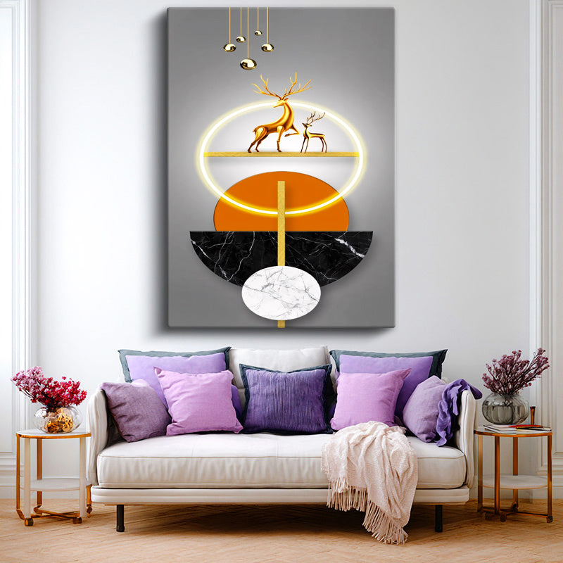 Dikey Kanvas Tablo Altın Geyik ve Geometri Modern Sanat Tablosu Ev Ofis Duvar Dekoru