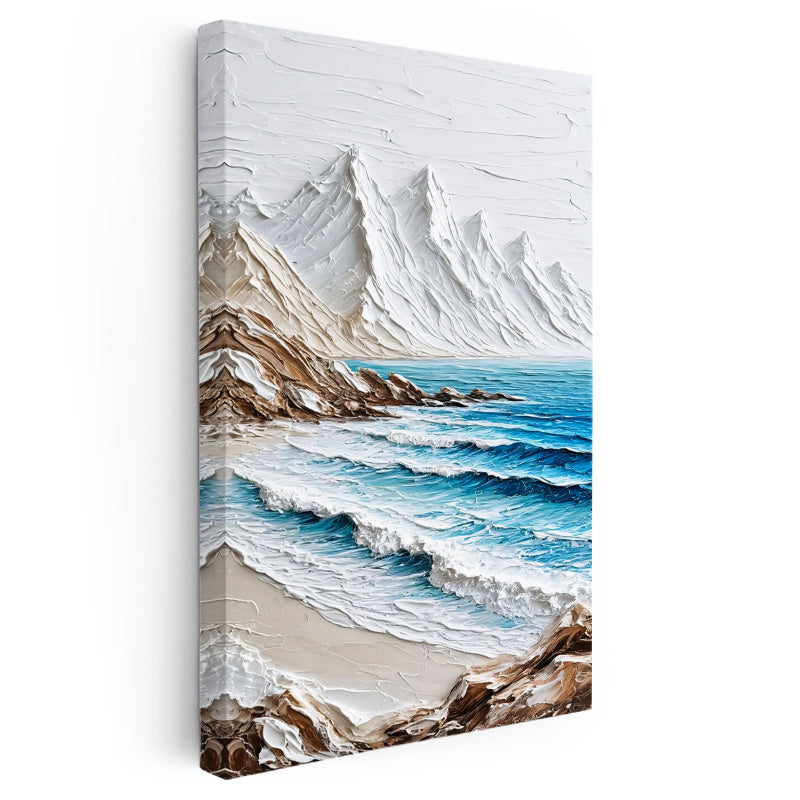 Dikey Kanvas Tablo Karlı Dağlar ve Sahil Kabartma Görünümlü Tablo Ev Ofis Duvar Dekoru