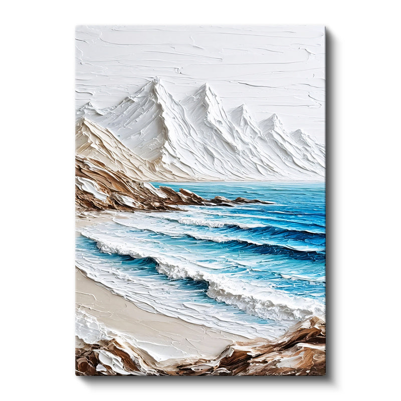 Dikey Kanvas Tablo Karlı Dağlar ve Sahil Kabartma Görünümlü Tablo Ev Ofis Duvar Dekoru