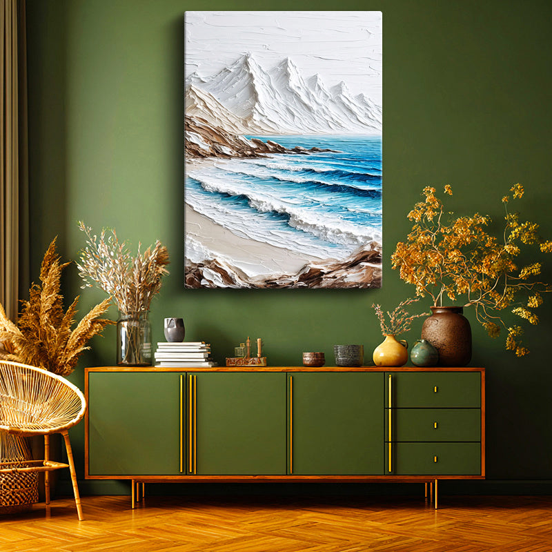 Dikey Kanvas Tablo Karlı Dağlar ve Sahil Kabartma Görünümlü Tablo Ev Ofis Duvar Dekoru