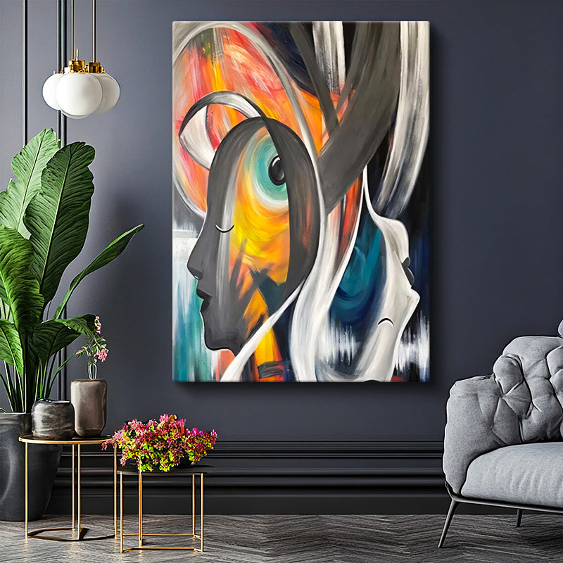 Dikey Kanvas Tablo Renkli Girdap Yüz Profili Modern Soyut Tablo Ev Ofis Duvar Dekoru
