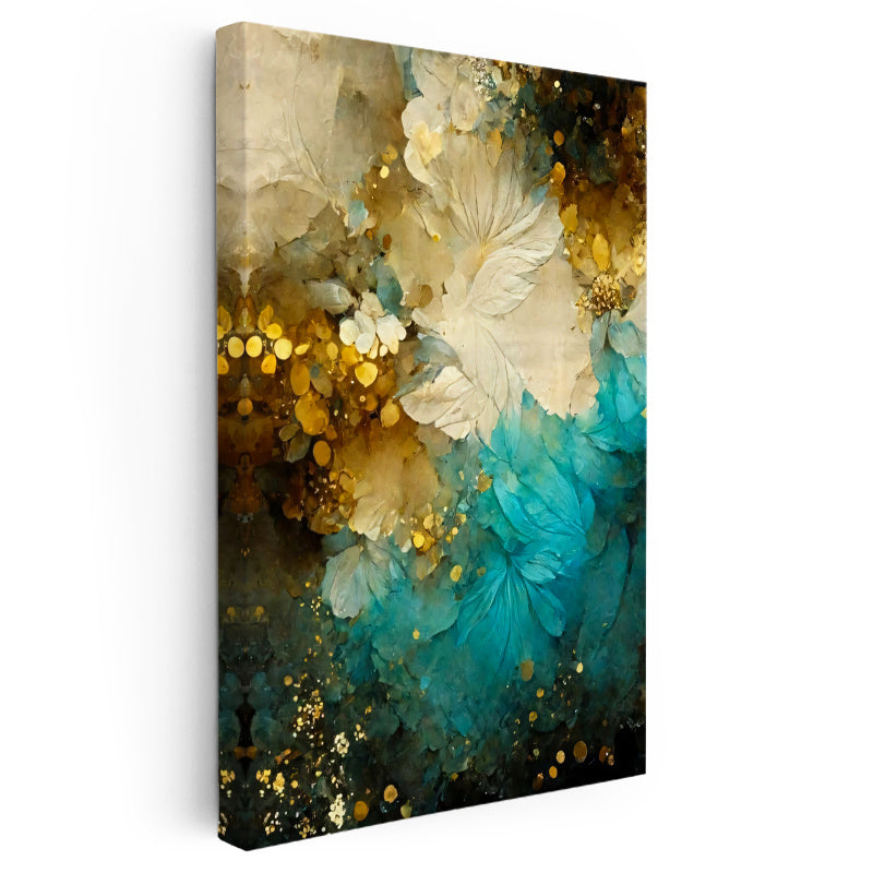 Dikey Kanvas Tablo Altın Parçacıklı Çiçek Dokusu Soyut Tablo Ev Ofis Duvar Dekoru