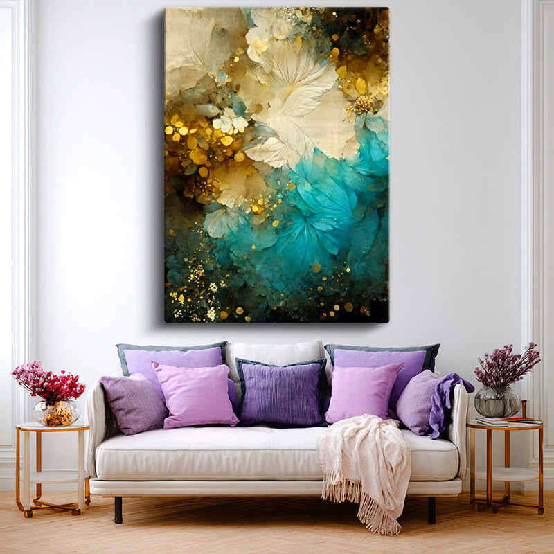 Dikey Kanvas Tablo Altın Parçacıklı Çiçek Dokusu Soyut Tablo Ev Ofis Duvar Dekoru