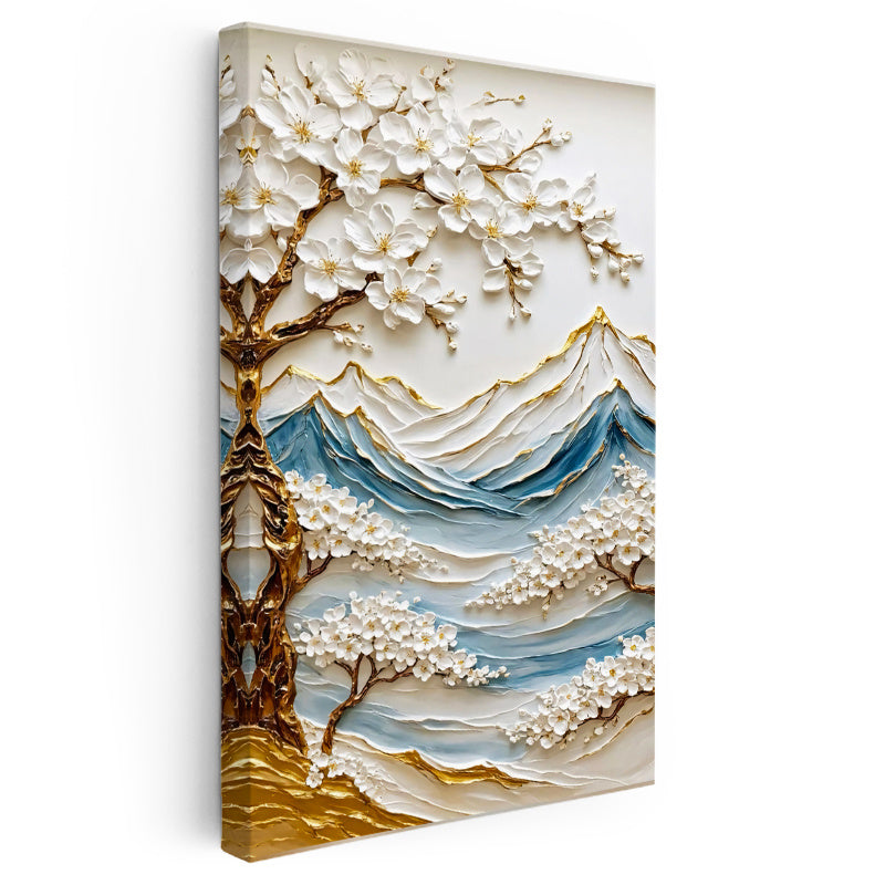 Dikey Kanvas Tablo Bahar Dalı ve Dağ Manzarası Kabartma Görünümlü Tablu Ev Ofis Duvar Dekoru