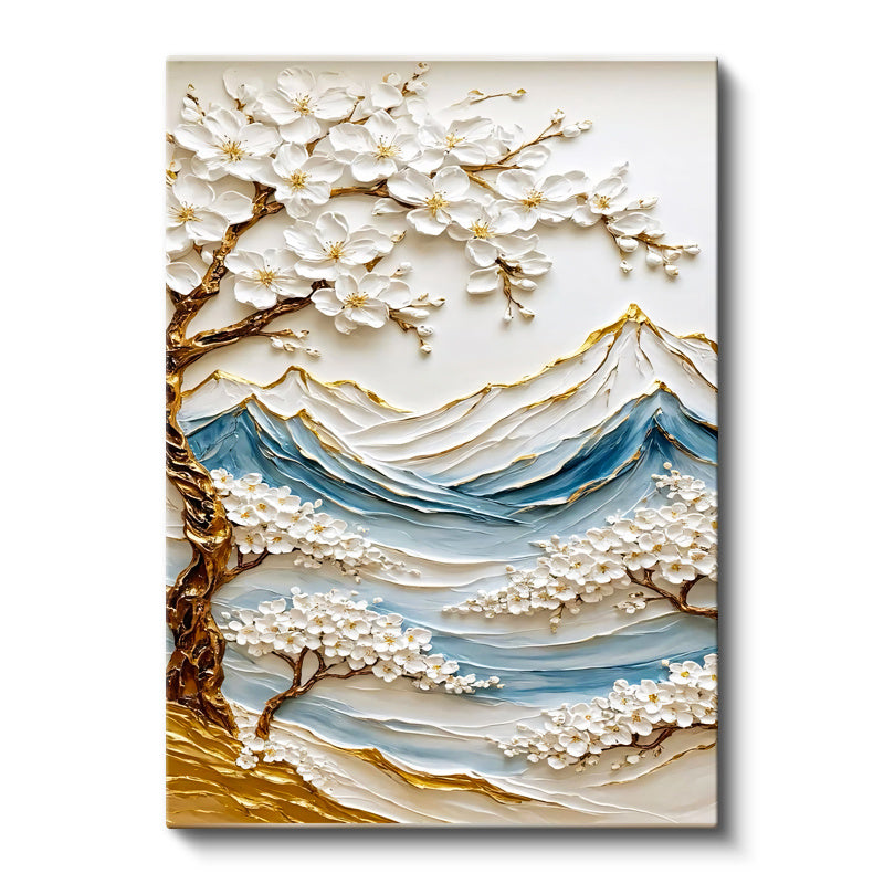 Dikey Kanvas Tablo Bahar Dalı ve Dağ Manzarası Kabartma Görünümlü Tablu Ev Ofis Duvar Dekoru
