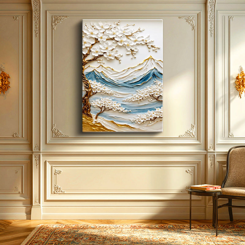 Dikey Kanvas Tablo Bahar Dalı ve Dağ Manzarası Kabartma Görünümlü Tablu Ev Ofis Duvar Dekoru