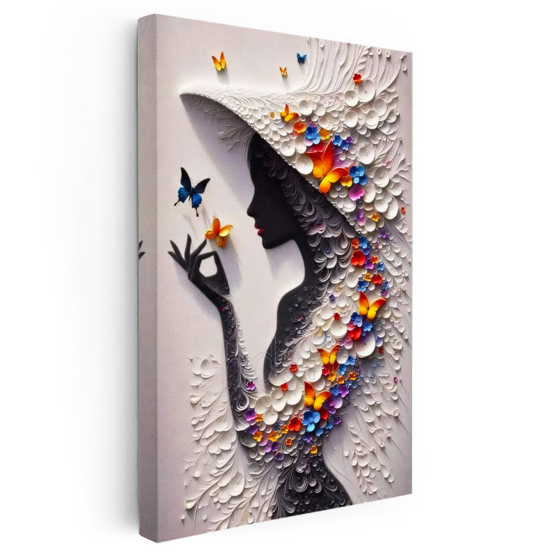 Dikey Kanvas Tablo Kelebek Şapkalı Kadın Modern Sanat Tablosu Ev Ofis Duvar Dekoru