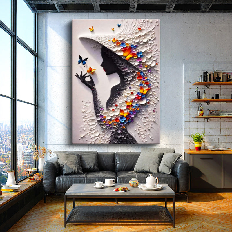 Dikey Kanvas Tablo Kelebek Şapkalı Kadın Modern Sanat Tablosu Ev Ofis Duvar Dekoru