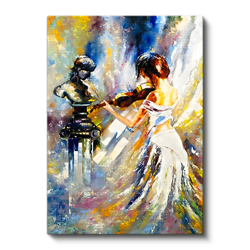 Dikey Kanvas Tablo Heykel ve Keman Çalan Kadın Sanat Tablosu Ev Ofis Duvar Dekoru