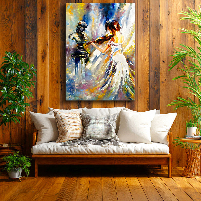 Dikey Kanvas Tablo Heykel ve Keman Çalan Kadın Sanat Tablosu Ev Ofis Duvar Dekoru