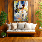 Dikey Kanvas Tablo Heykel ve Keman Çalan Kadın Sanat Tablosu Ev Ofis Duvar Dekoru