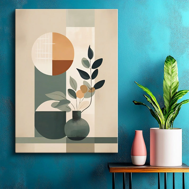 Dikey Kanvas Tablo Minimalist Vazo ve Yaprak Minimalist Tablosu Ev Ofis Duvar Dekoru