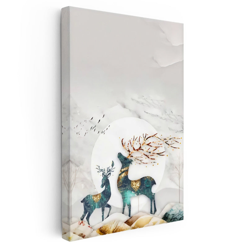 Dikey Kanvas Tablo Dallı Geyik Silüeti Hayvan Tablosu Ev Ofis Duvar Dekoru