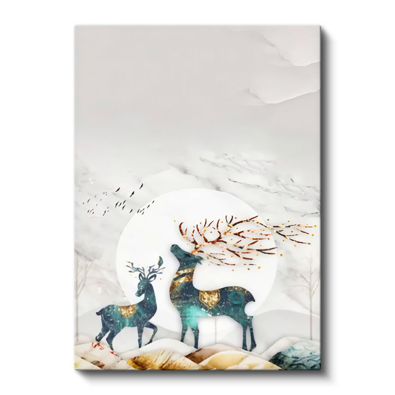 Dikey Kanvas Tablo Dallı Geyik Silüeti Hayvan Tablosu Ev Ofis Duvar Dekoru