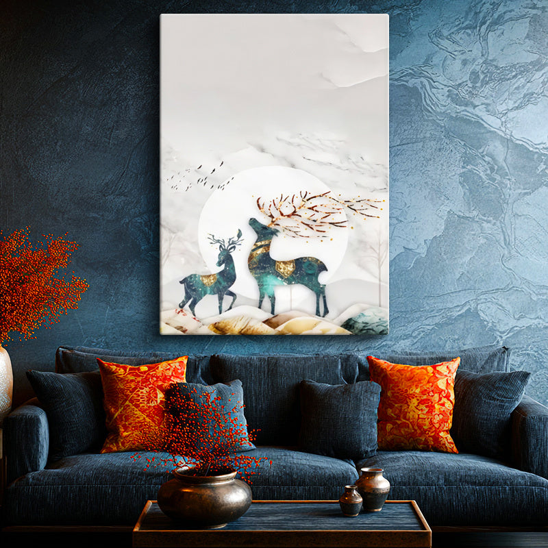 Dikey Kanvas Tablo Dallı Geyik Silüeti Hayvan Tablosu Ev Ofis Duvar Dekoru