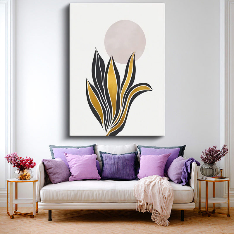 Dikey Kanvas Tablo Altın Detaylı Bitki Modern Tablo Ev Ofis Duvar Dekoru